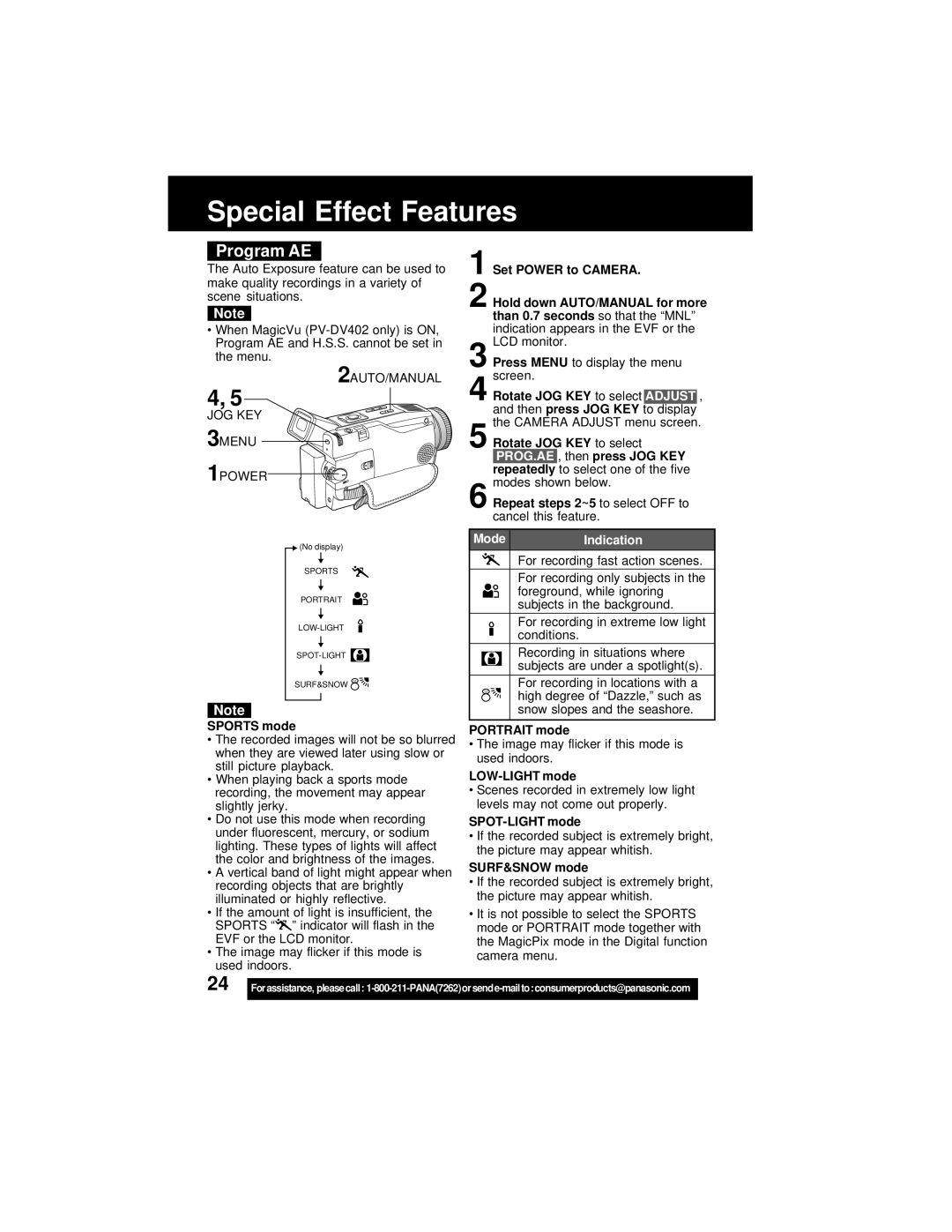 Panasonic PV-DV202 operating instructions Program AE 