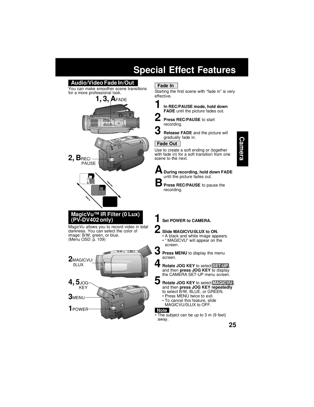 Panasonic PV-DV202 operating instructions Audio/Video Fade In/Out, MagicVu IR Filter 0 Lux PV-DV402 only, Fade Out 