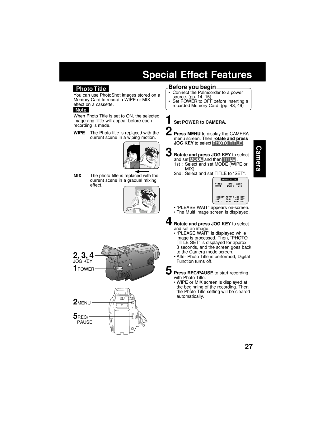 Panasonic PV-DV202 operating instructions Photo Title, 5REC Pause 