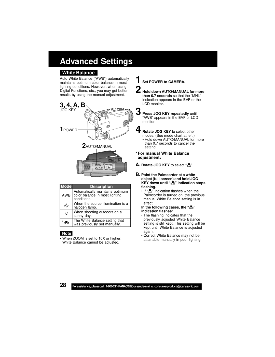 Panasonic PV-DV202 Advanced Settings, For manual White Balance adjustment, Following cases, the indication flashes 