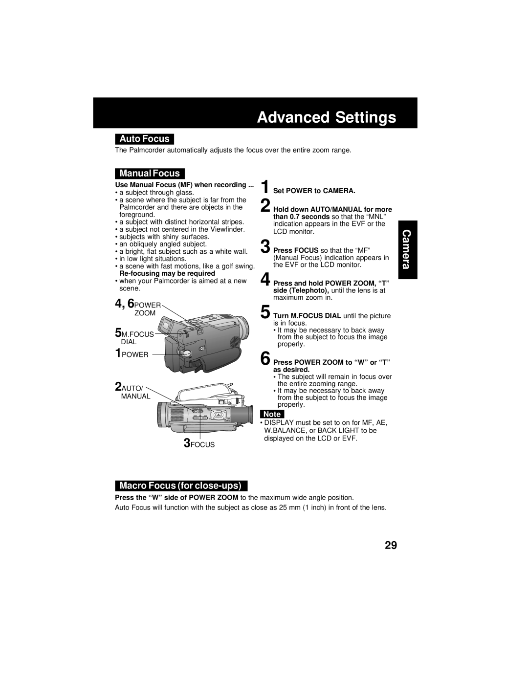 Panasonic PV-DV202 operating instructions Auto Focus, Manual Focus, Macro Focus for close-ups, Re-focusing may be required 