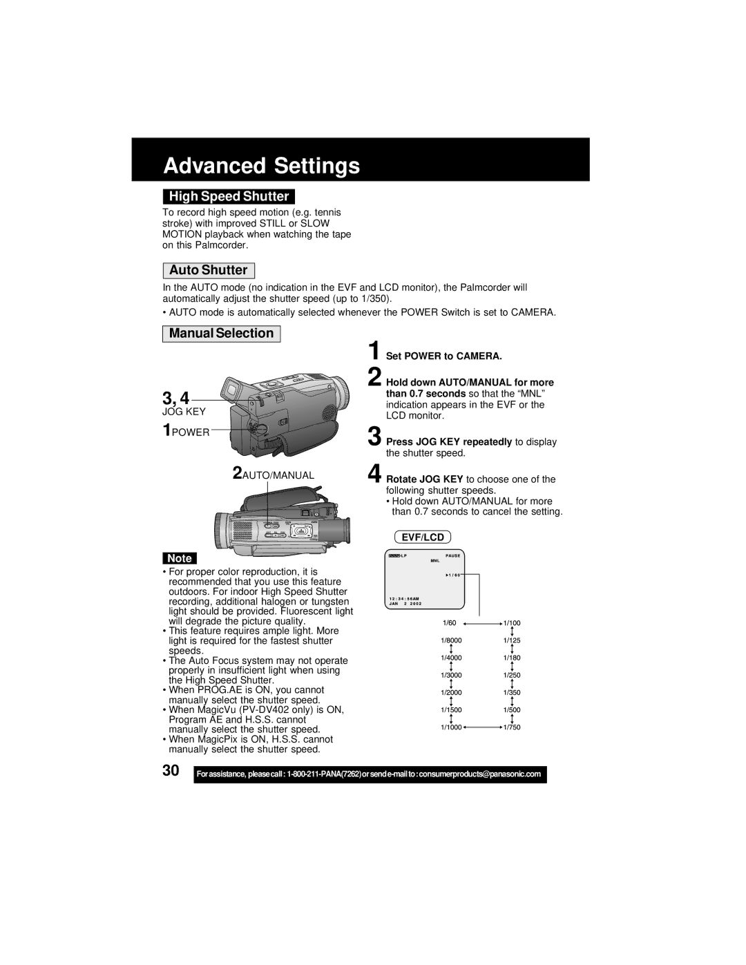 Panasonic PV-DV202 operating instructions High Speed Shutter, Auto Shutter, Manual Selection, JOG KEY 1POWER 2AUTO/MANUAL 