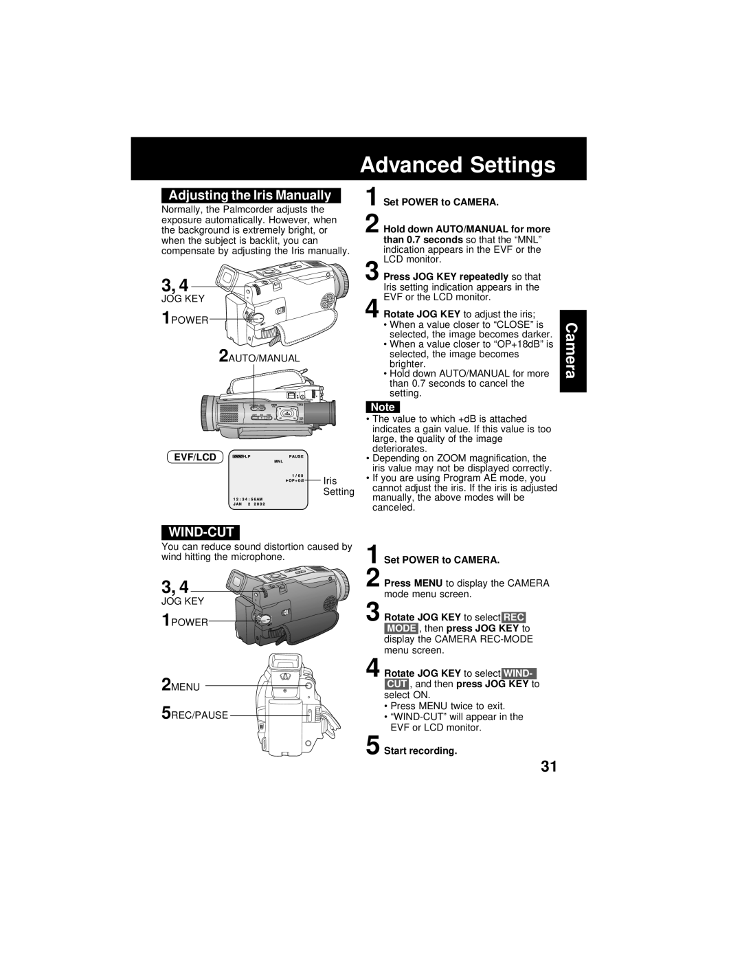 Panasonic PV-DV202 operating instructions Adjusting the Iris Manually, Wind-Cut 