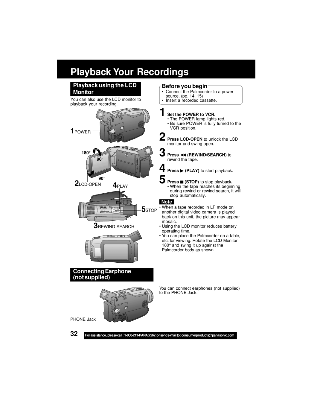 Panasonic PV-DV202 Playback Your Recordings, Playback using the LCD Monitor, Connecting Earphone not supplied 