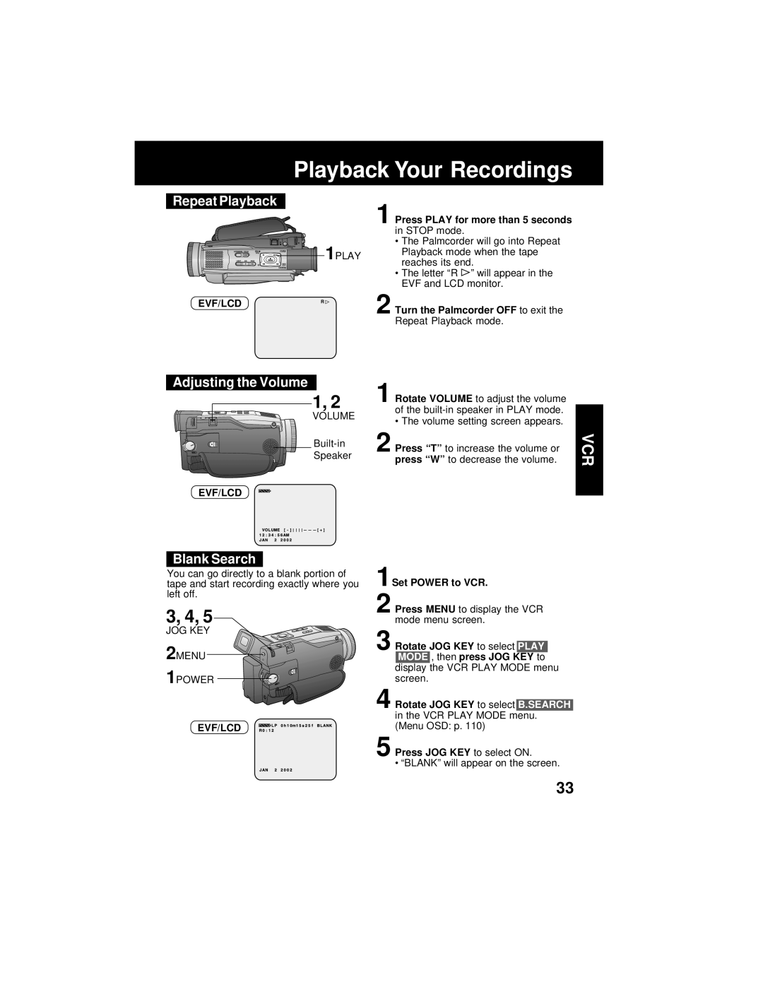 Panasonic PV-DV202 operating instructions Repeat Playback, Adjusting the Volume, Blank Search, Evf/Lcdr 