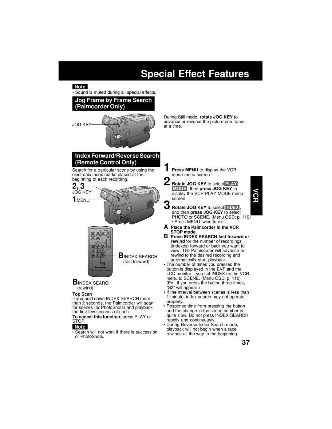 Panasonic PV-DV202 Jog Frame by Frame Search Palmcorder Only, Index Forward/Reverse Search Remote Control Only, Top Scan 