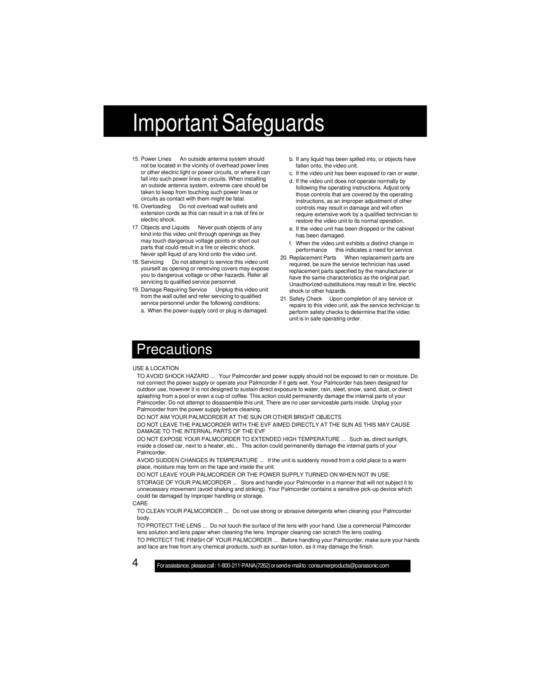 Panasonic PV-DV202 operating instructions Important Safeguards 