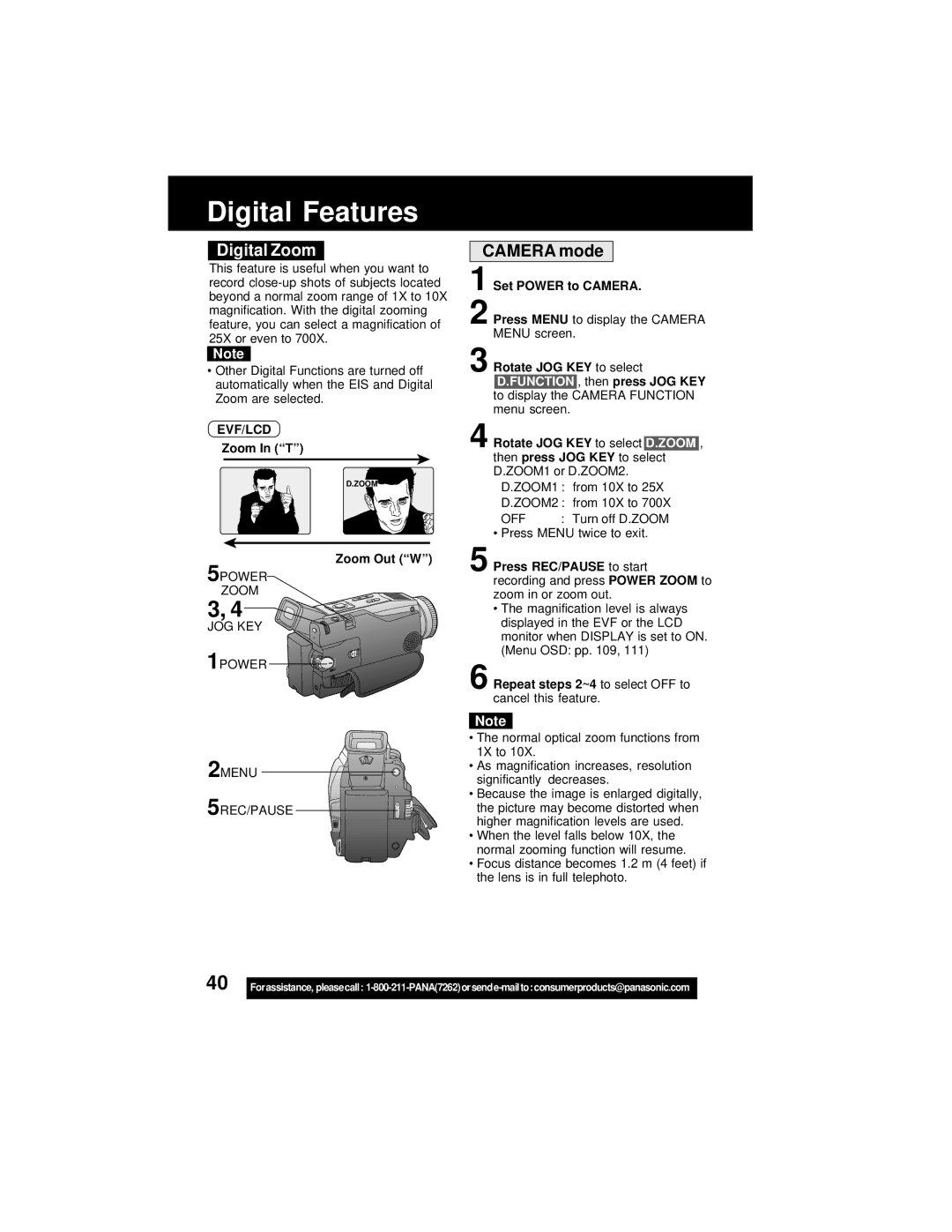 Panasonic PV-DV202 operating instructions Digital Features, Digital Zoom, Camera mode 