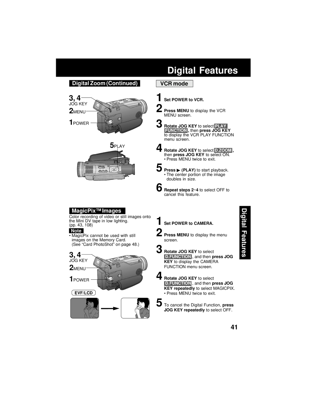 Panasonic PV-DV202 MagicPix Images, VCR mode, Rotate JOG KEY to select D.FUNCTION , and then press JOG 