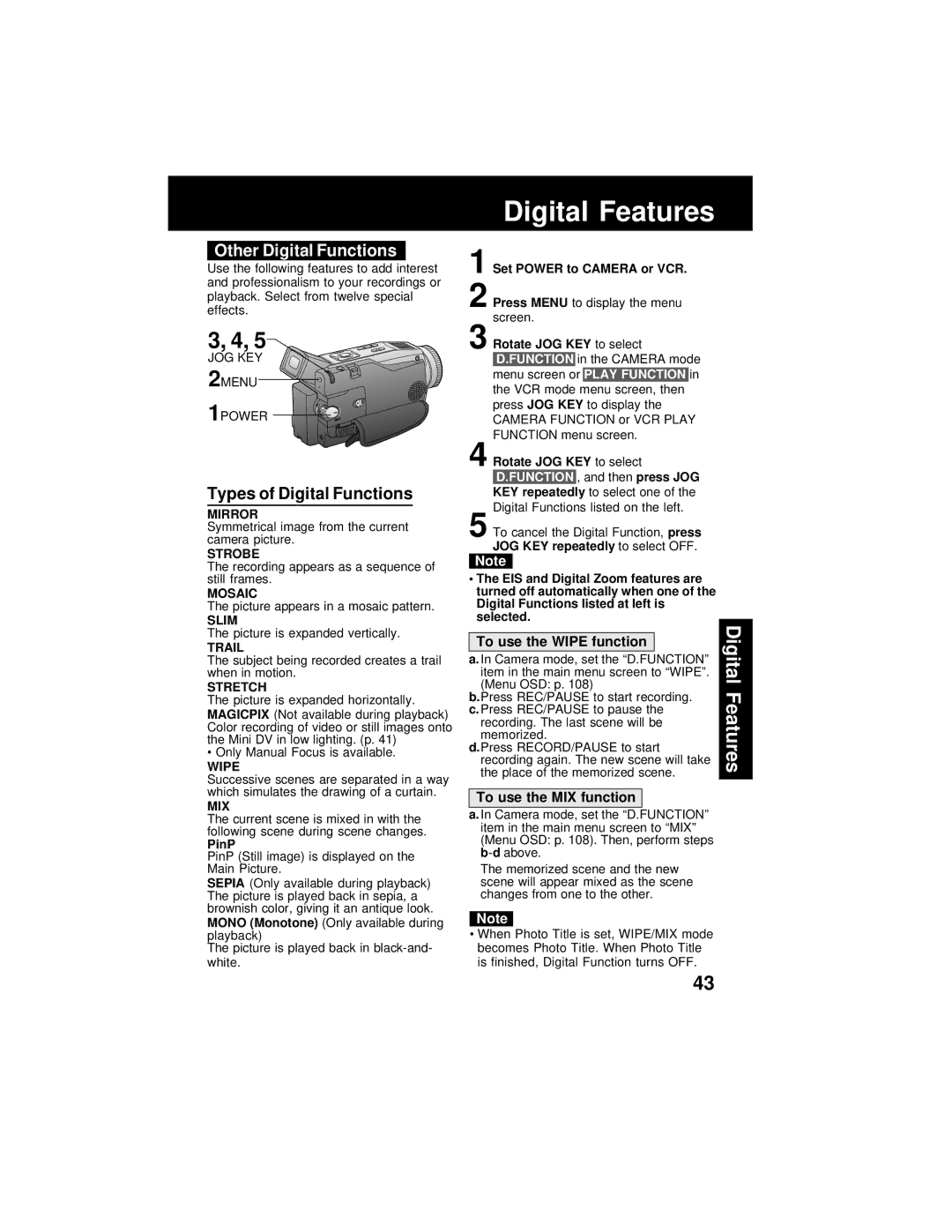 Panasonic PV-DV202 Other Digital Functions, Types of Digital Functions, To use the Wipe function, To use the MIX function 