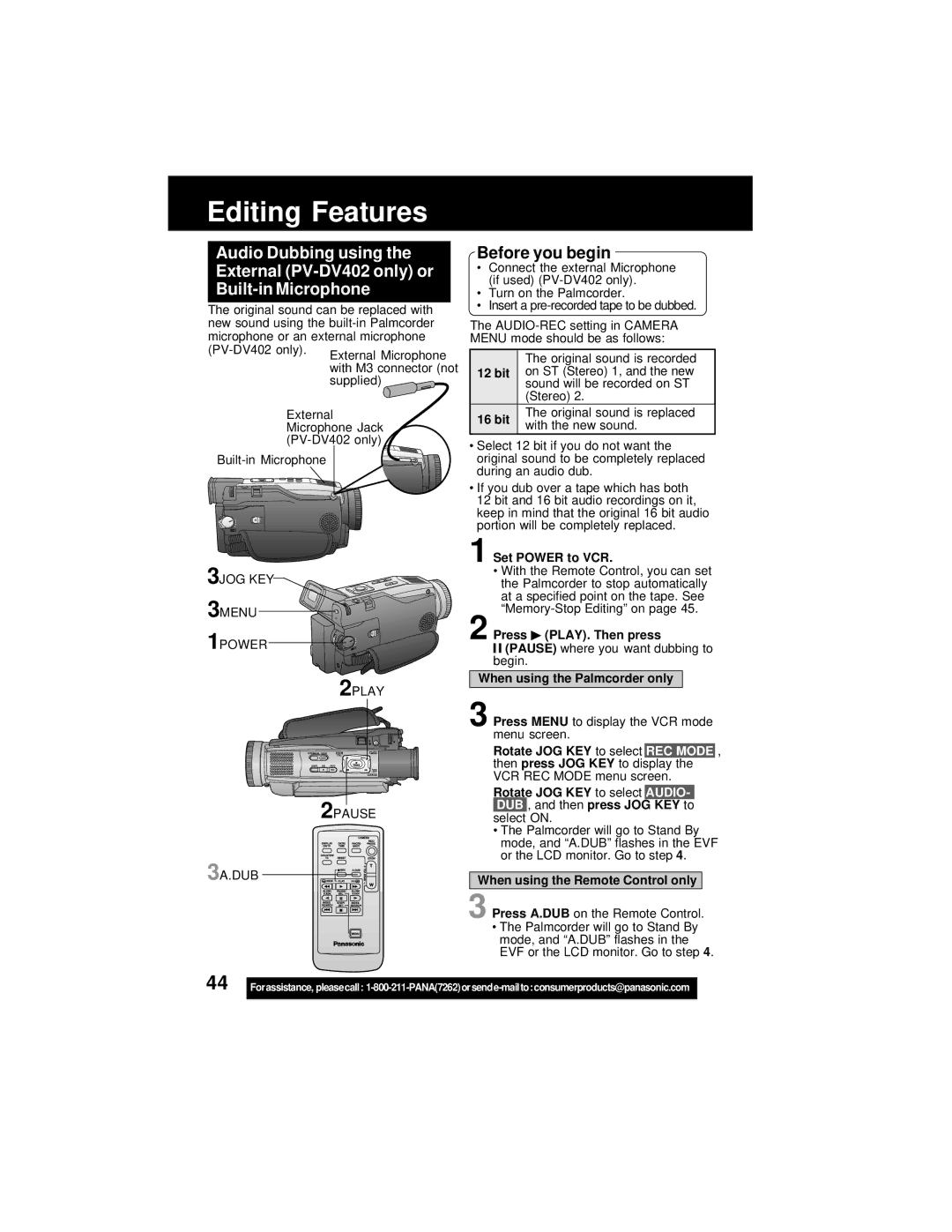 Panasonic PV-DV202 operating instructions Editing Features 