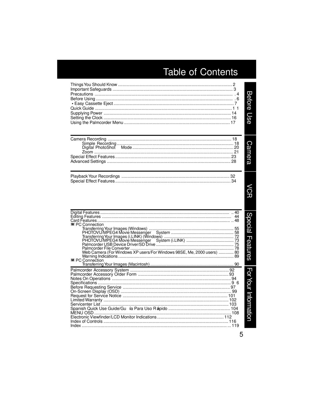 Panasonic PV-DV202 operating instructions Table of Contents 