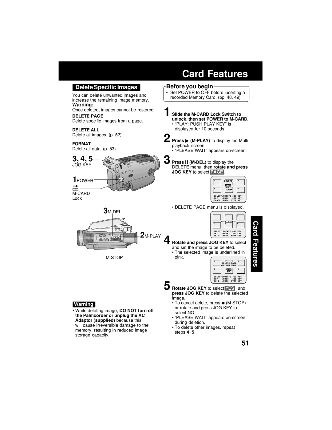 Panasonic PV-DV202 operating instructions Delete Specific Images, Delete ALL, Format 