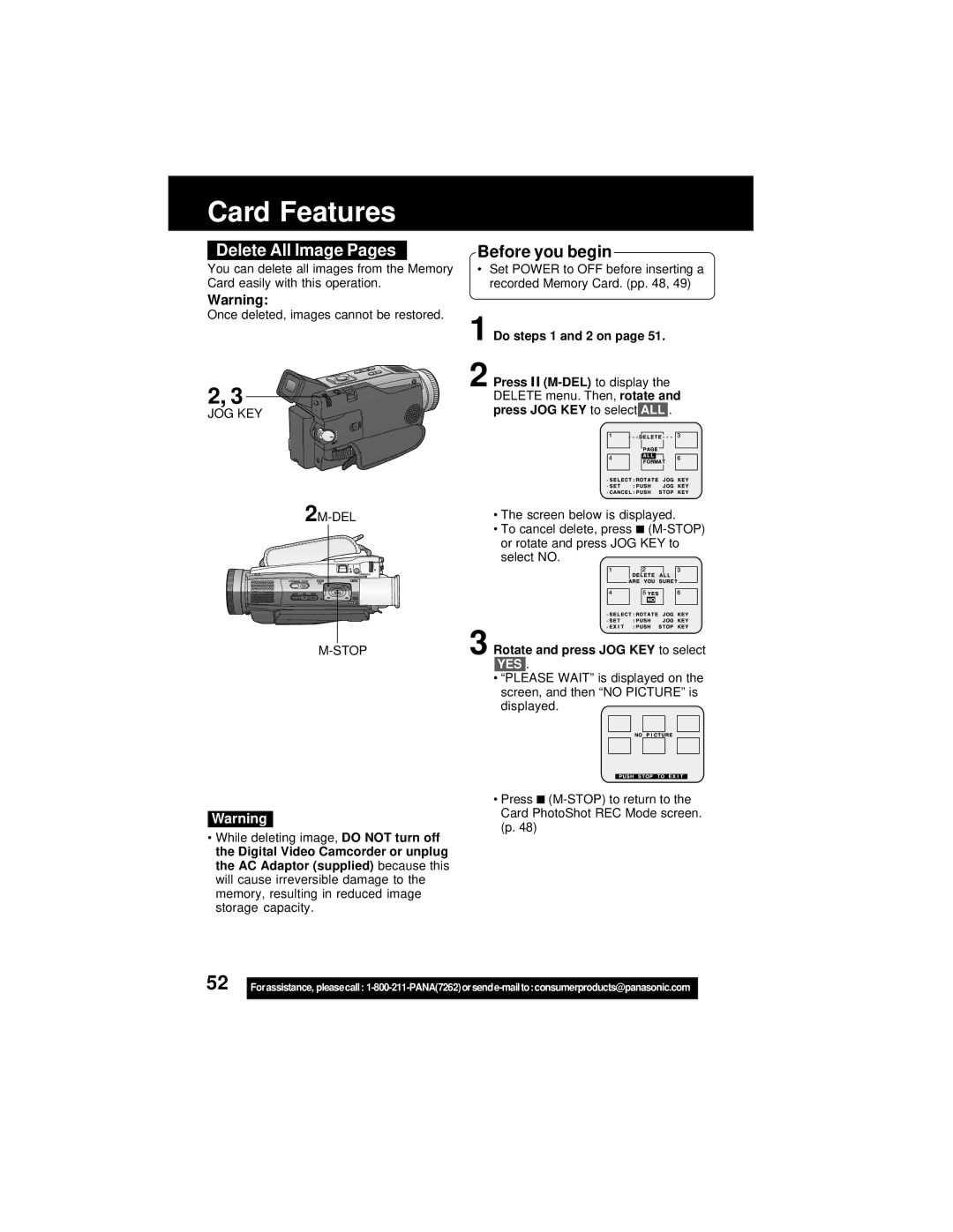 Panasonic PV-DV202 Delete All Image Pages, JOG KEY 2M-DEL Stop, Rotate and press JOG KEY to select YES 