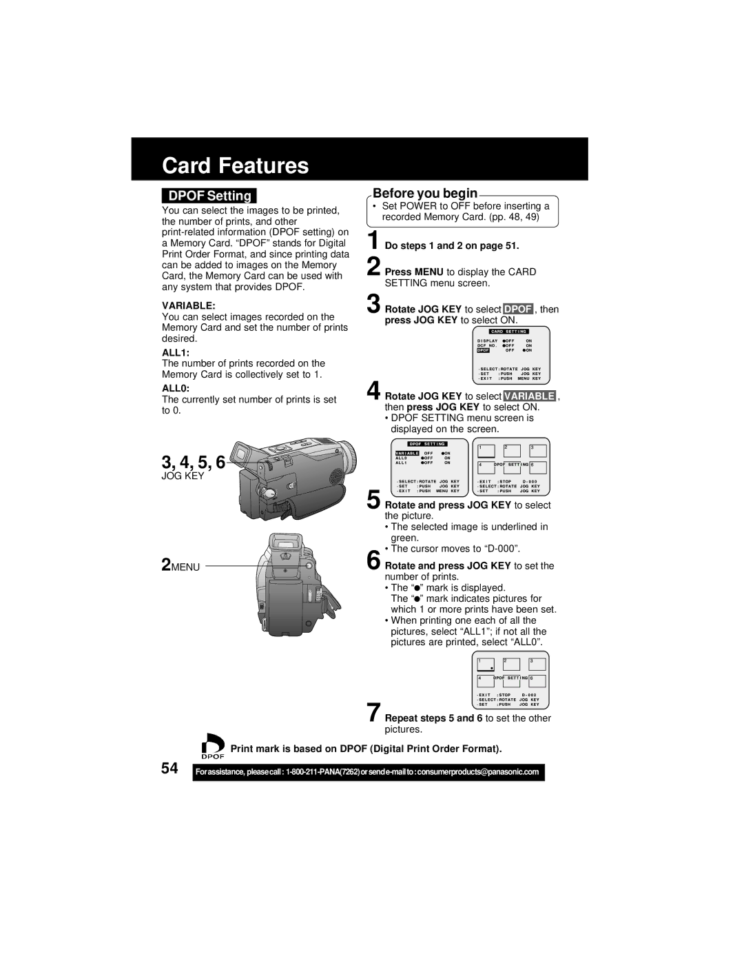 Panasonic PV-DV202 operating instructions Dpof Setting, Variable, ALL1, ALL0 