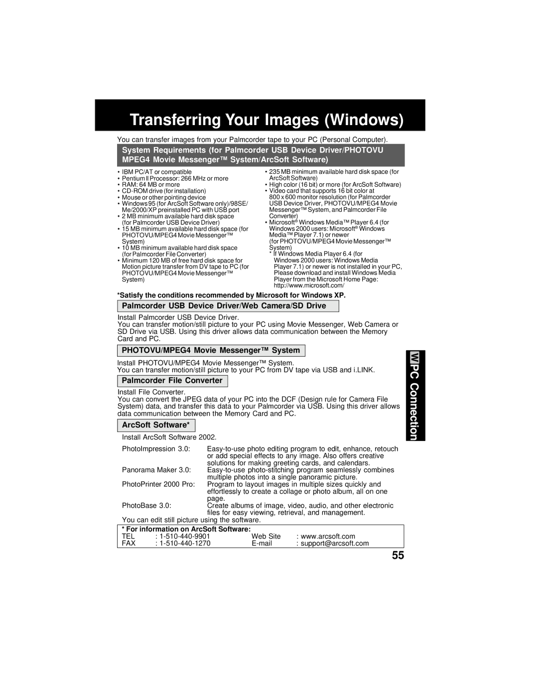 Panasonic PV-DV202 Transferring Your Images Windows, Palmcorder USB Device Driver/Web Camera/SD Drive, ArcSoft Software 