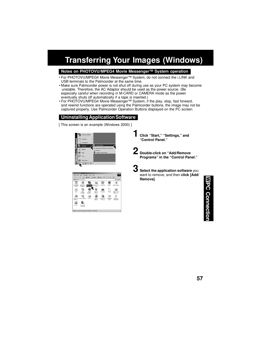 Panasonic PV-DV202 operating instructions Uninstalling Application Software, Click Start, Settings, and Control Panel 