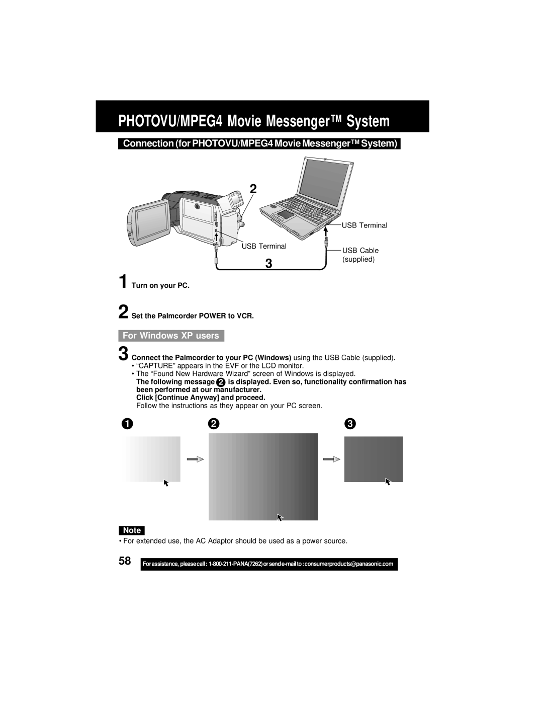 Panasonic PV-DV202 operating instructions Connection for PHOTOVU/MPEG4 Movie Messenger System, For Windows XP users 