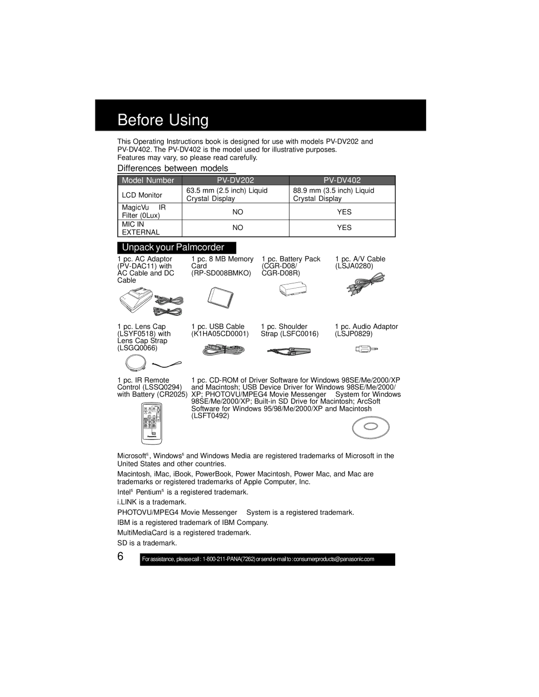 Panasonic PV-DV202 Before Using, Unpack your Palmcorder, Yes, MIC YES External, RP-SD008BMKO CGR-D08R 