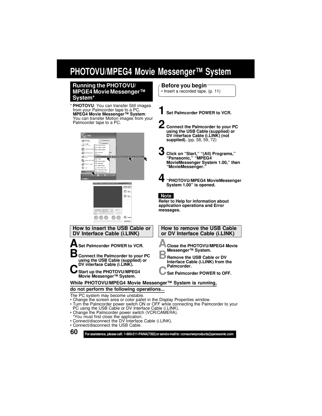 Panasonic PV-DV202 operating instructions Running the Photovu MPGE4 Movie Messenger System, Set Palmcorder Power to VCR 