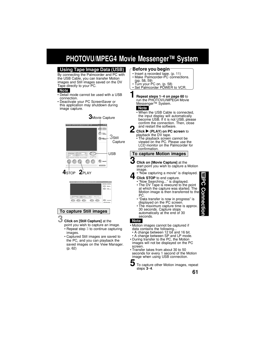 Panasonic PV-DV202 Using Tape Image Data USB, USB 4STOP 2PLAY, Click Play on PC screen to playback the DV tape 