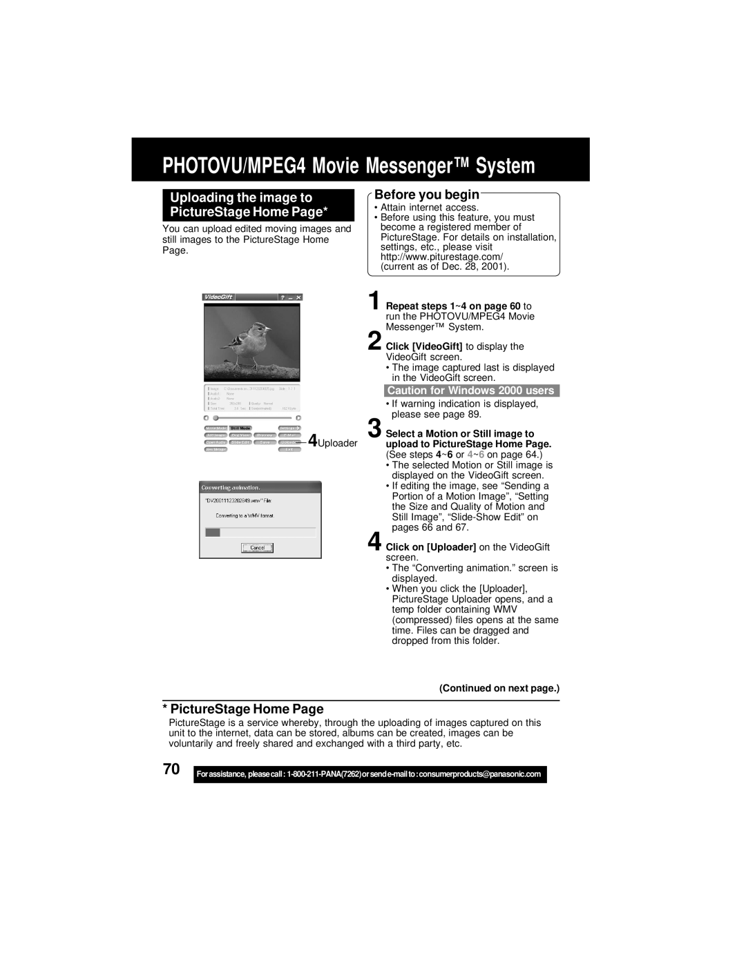 Panasonic PV-DV202 Uploading the image to PictureStage Home, Click on Uploader on the VideoGift screen, On next 