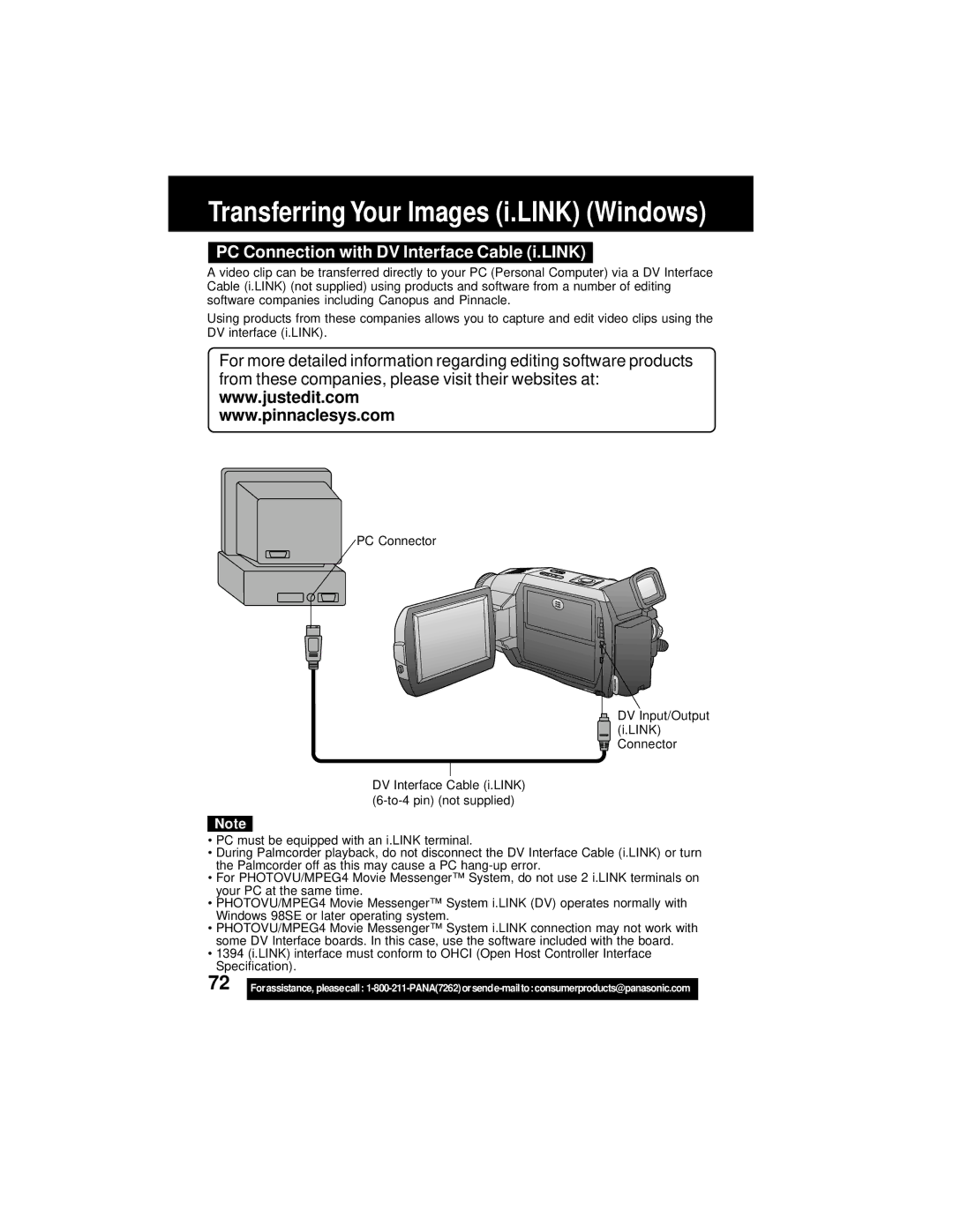 Panasonic PV-DV202 Transferring Your Images i.LINK Windows, PC Connection with DV Interface Cable i.LINK 