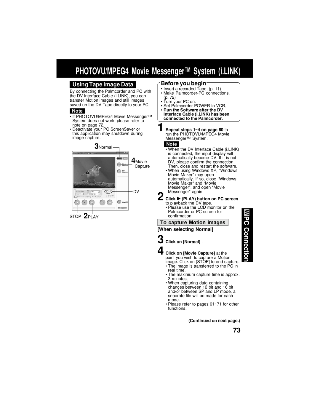 Panasonic PV-DV202 Using Tape Image Data, When selecting Normal, Stop 2PLAY, Repeat steps 1~4 on page 60 to 