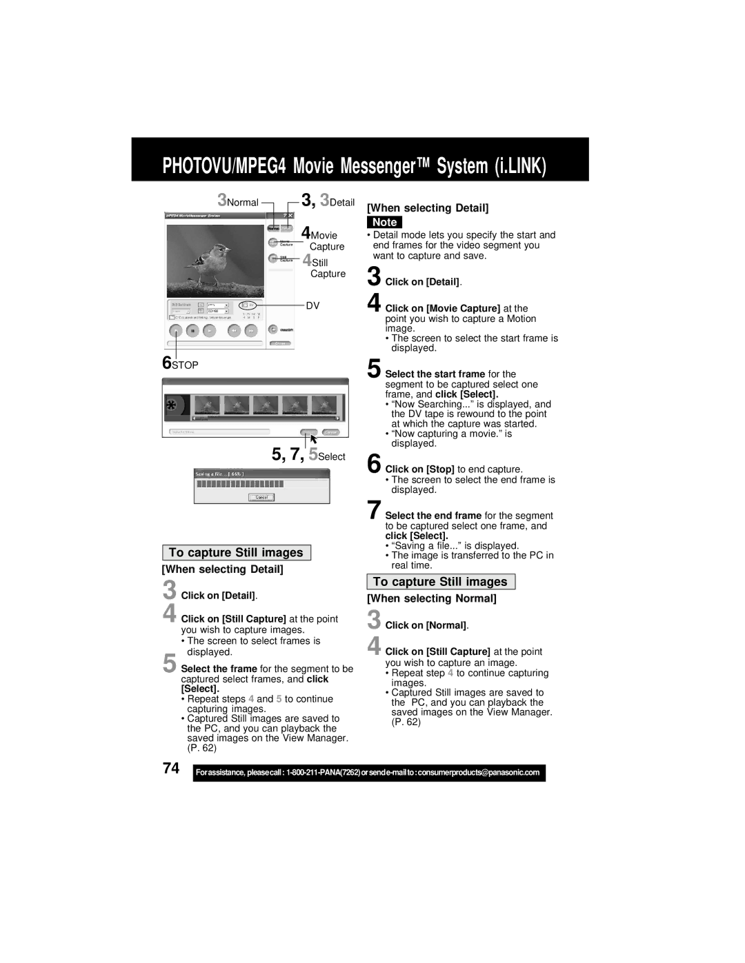 Panasonic PV-DV202 operating instructions To capture Still images When selecting Detail, Click on Stop to end capture 