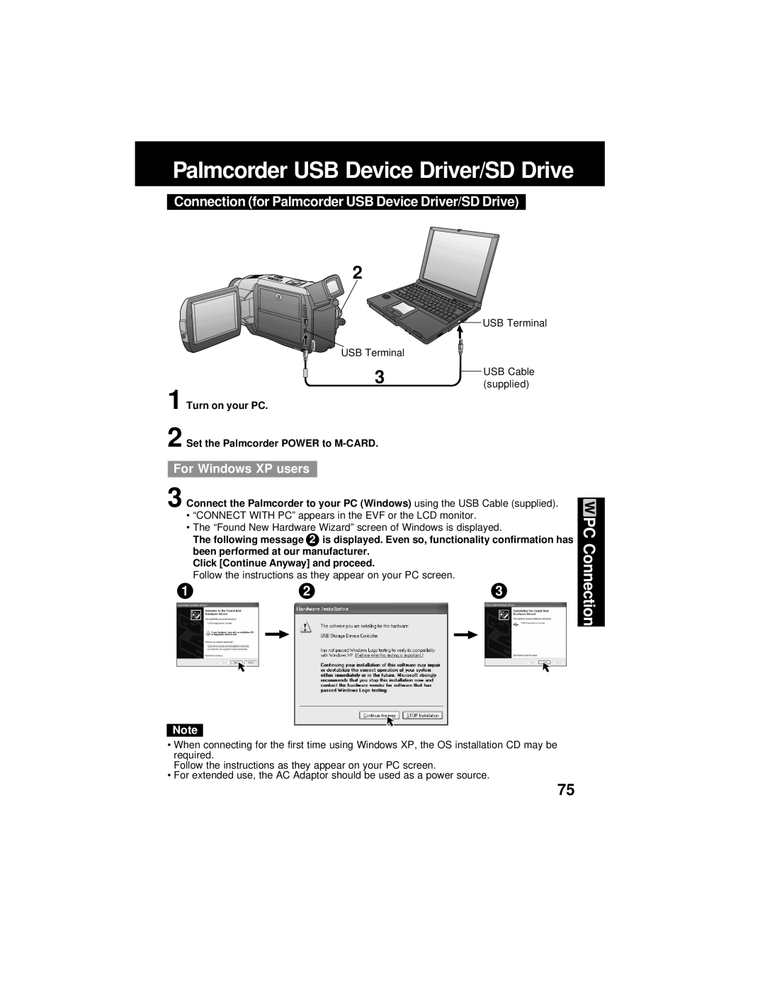 Panasonic PV-DV202 operating instructions Connection for Palmcorder USB Device Driver/SD Drive 