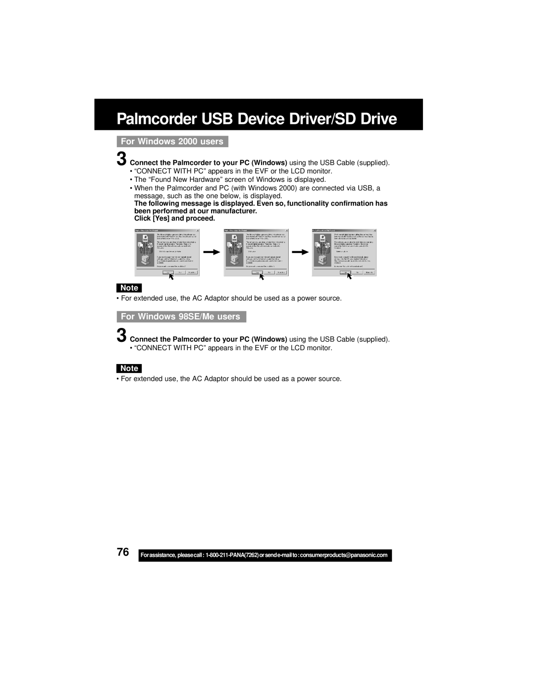 Panasonic PV-DV202 operating instructions Palmcorder USB Device Driver/SD Drive, For Windows 2000 users 