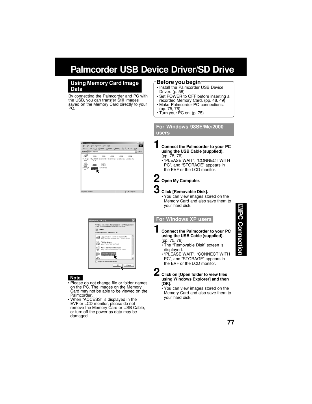 Panasonic PV-DV202 Using Memory Card Image Data, For Windows 98SE/Me/2000 users, Open My Computer Click Removable Disk 