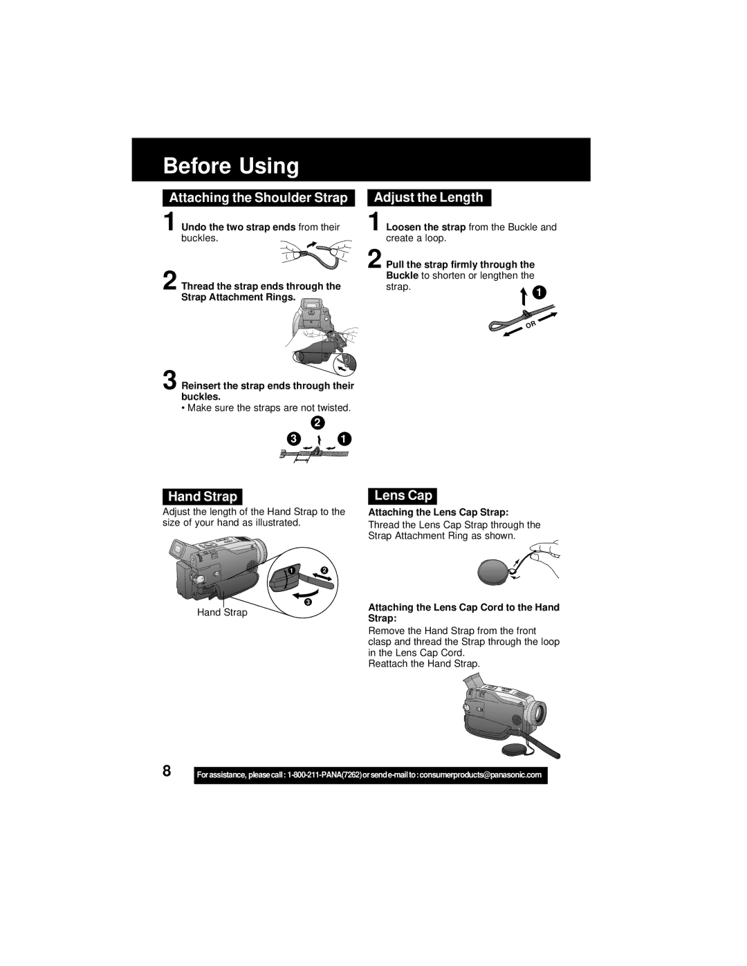 Panasonic PV-DV202 operating instructions Attaching the Shoulder Strap, Adjust the Length, Hand Strap, Lens Cap 