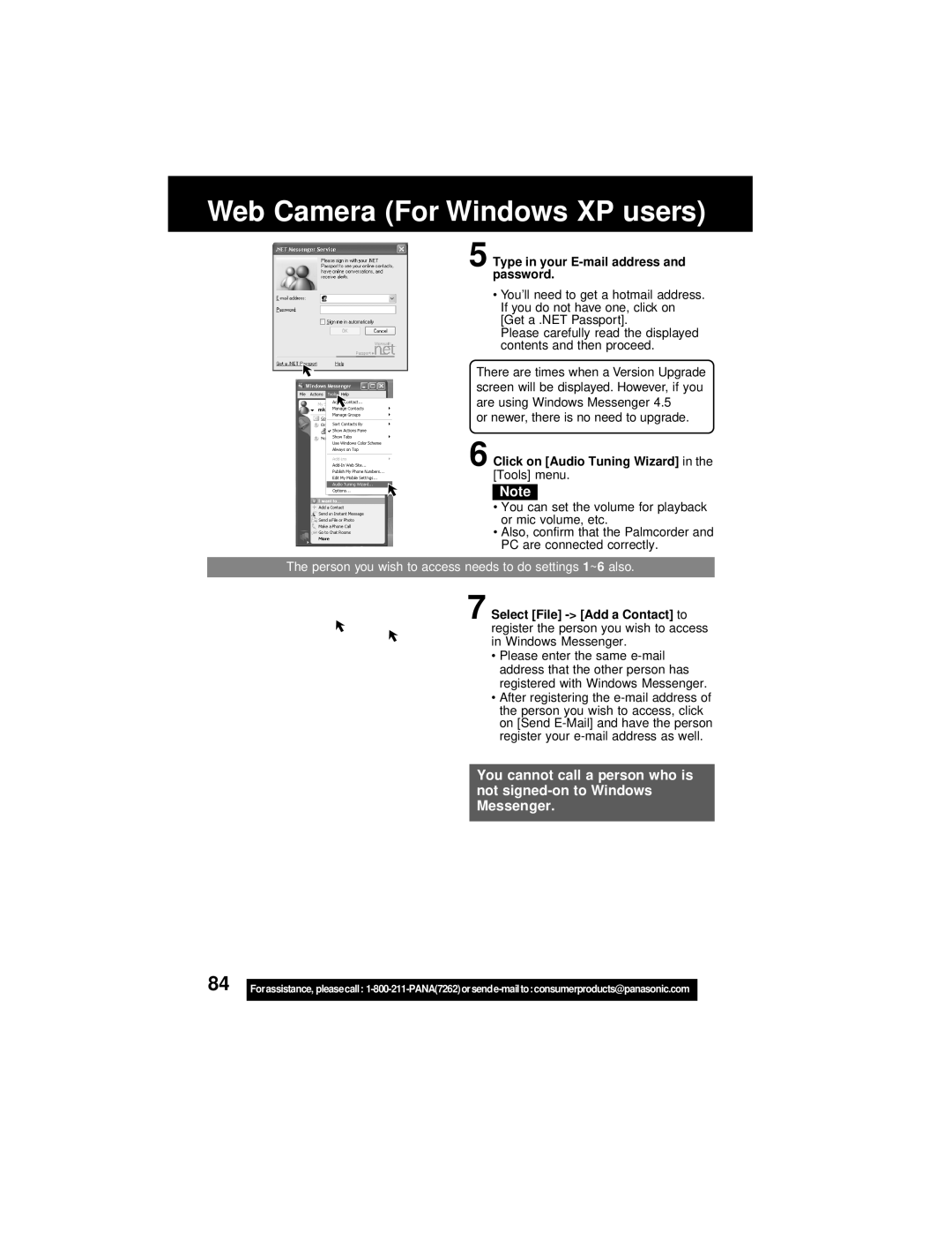 Panasonic PV-DV202 operating instructions Type in your E-mail address and password, Click on Audio Tuning Wizard 