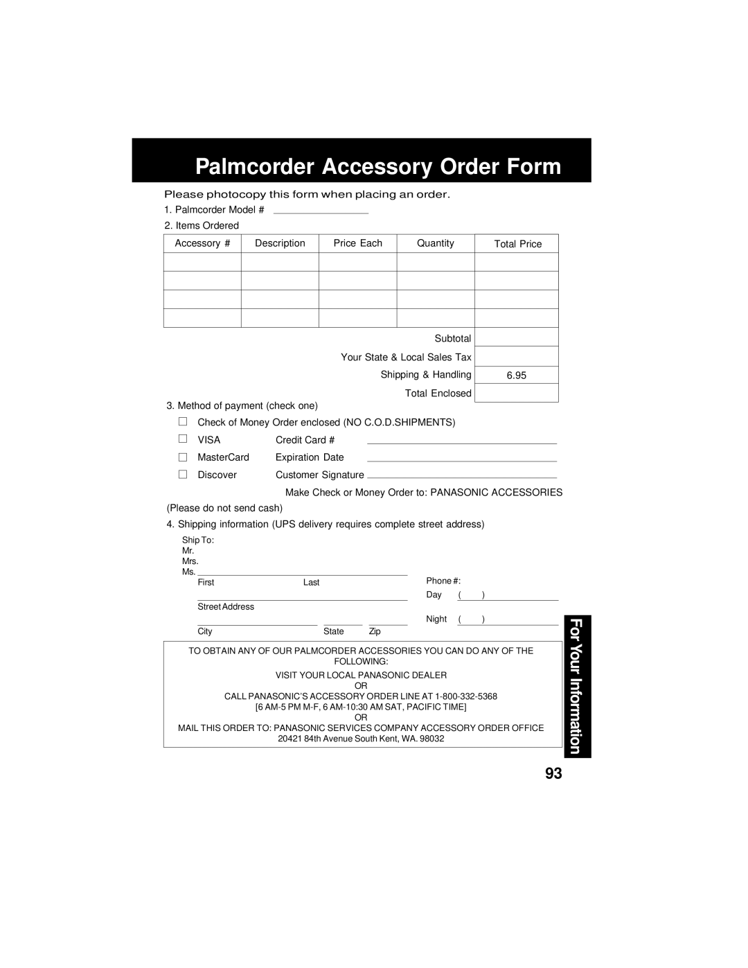 Panasonic PV-DV202 operating instructions Palmcorder Accessory Order Form, Visa 