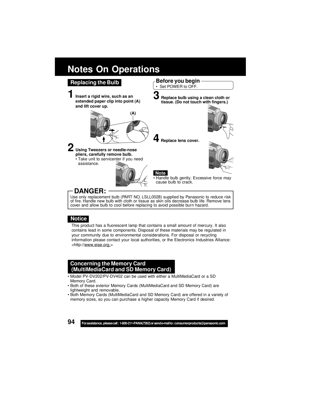 Panasonic PV-DV202 operating instructions Replacing the Bulb, Replace lens cover 