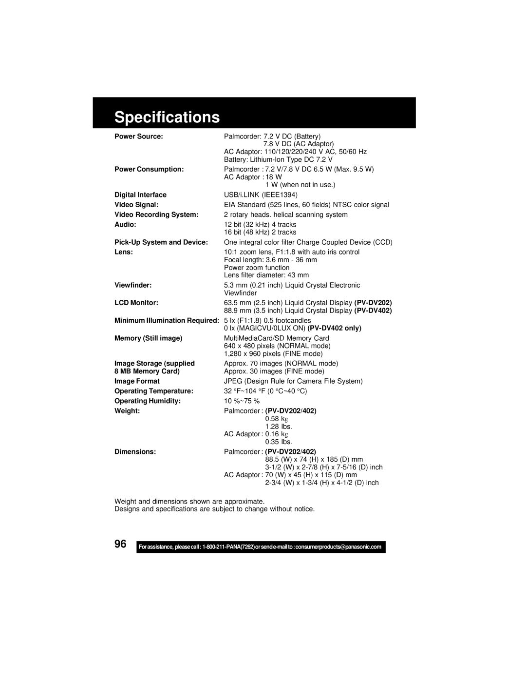 Panasonic PV-DV202 operating instructions Specifications 