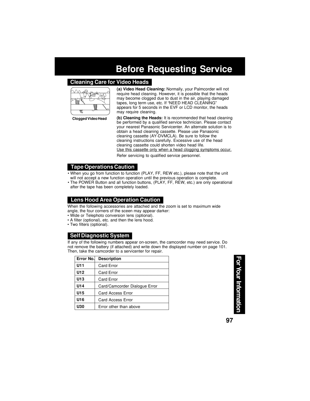 Panasonic PV-DV202 operating instructions Before Requesting Service, Cleaning Care for Video Heads, Tape Operations Caution 