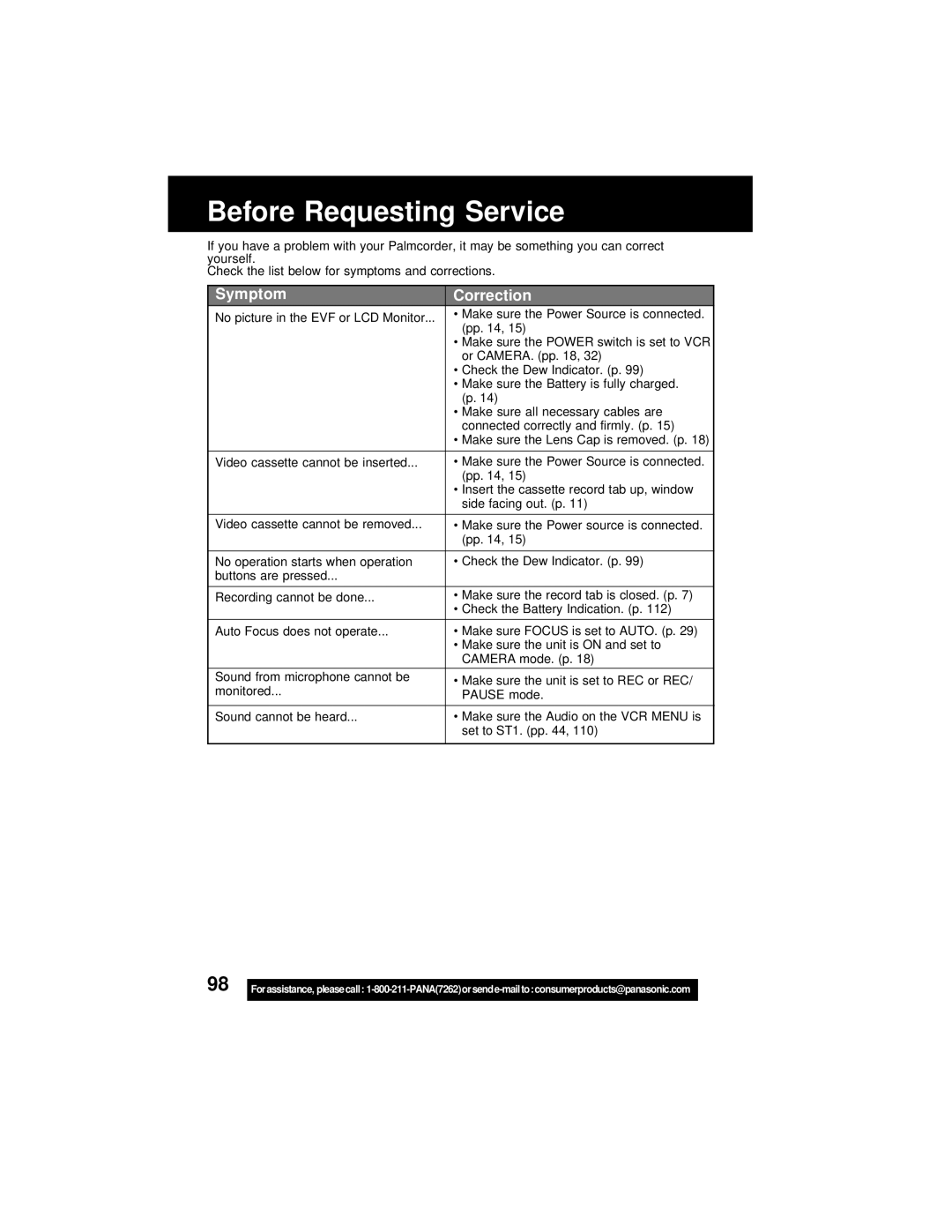 Panasonic PV-DV202 operating instructions Symptom Correction 