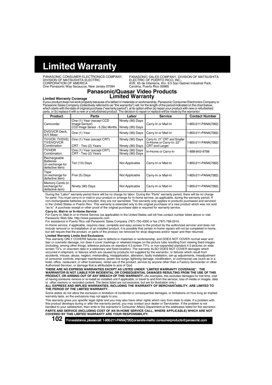 Panasonic PV-DV203 operating instructions Limited Warranty, Panasonic/Quasar Video Products 