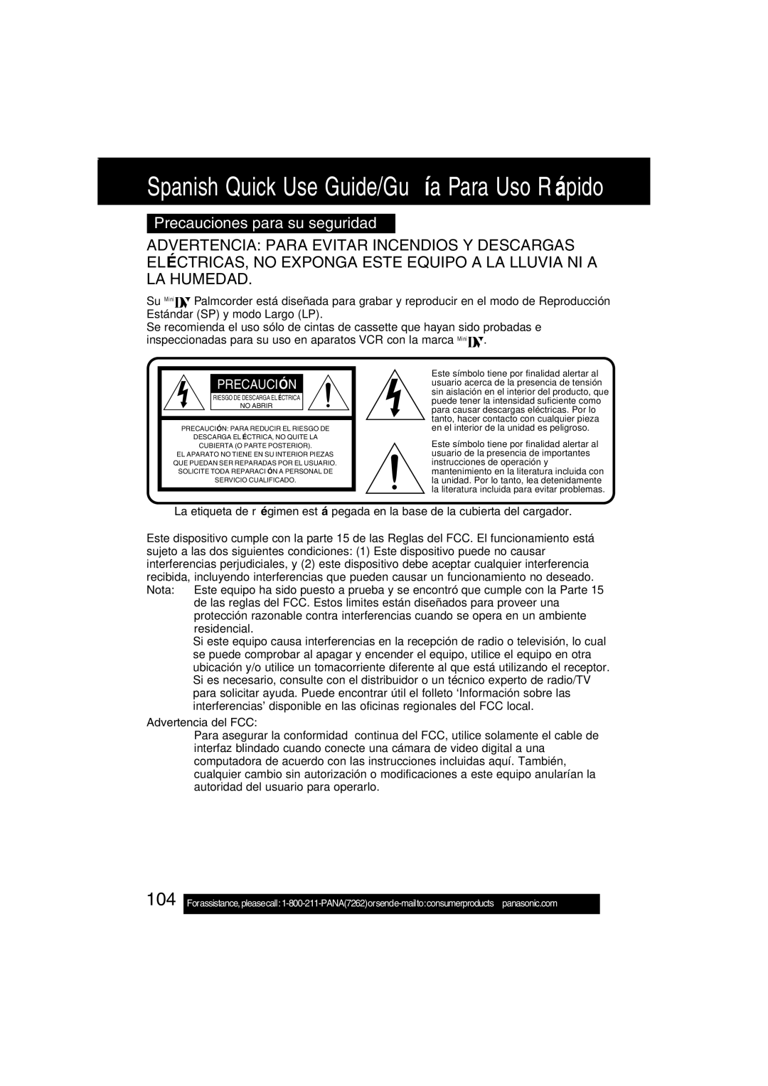 Panasonic PV-DV203 operating instructions Precauciones para su seguridad, Advertencia del FCC 