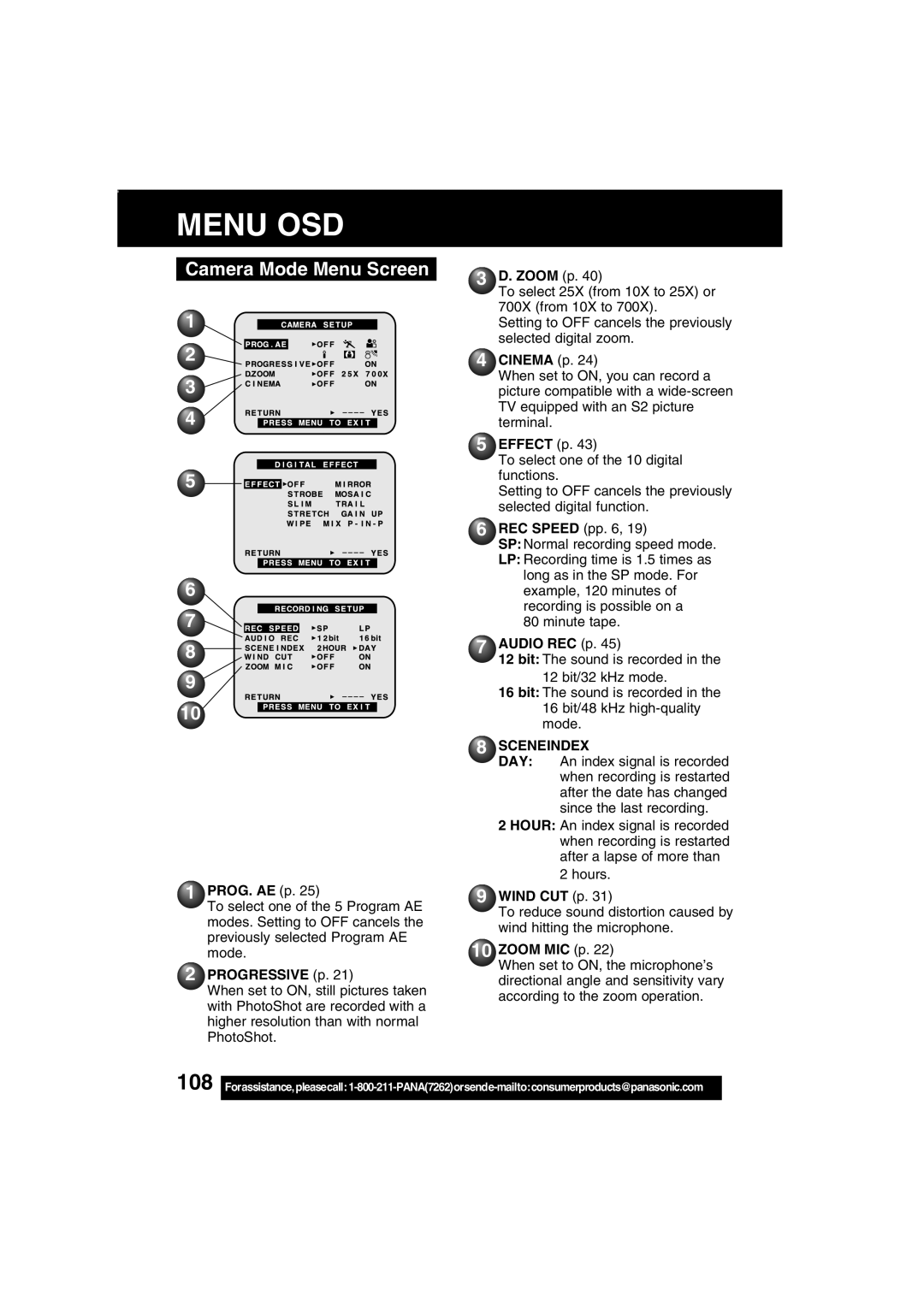 Panasonic PV-DV203 operating instructions Camera Mode Menu Screen, Sceneindex 