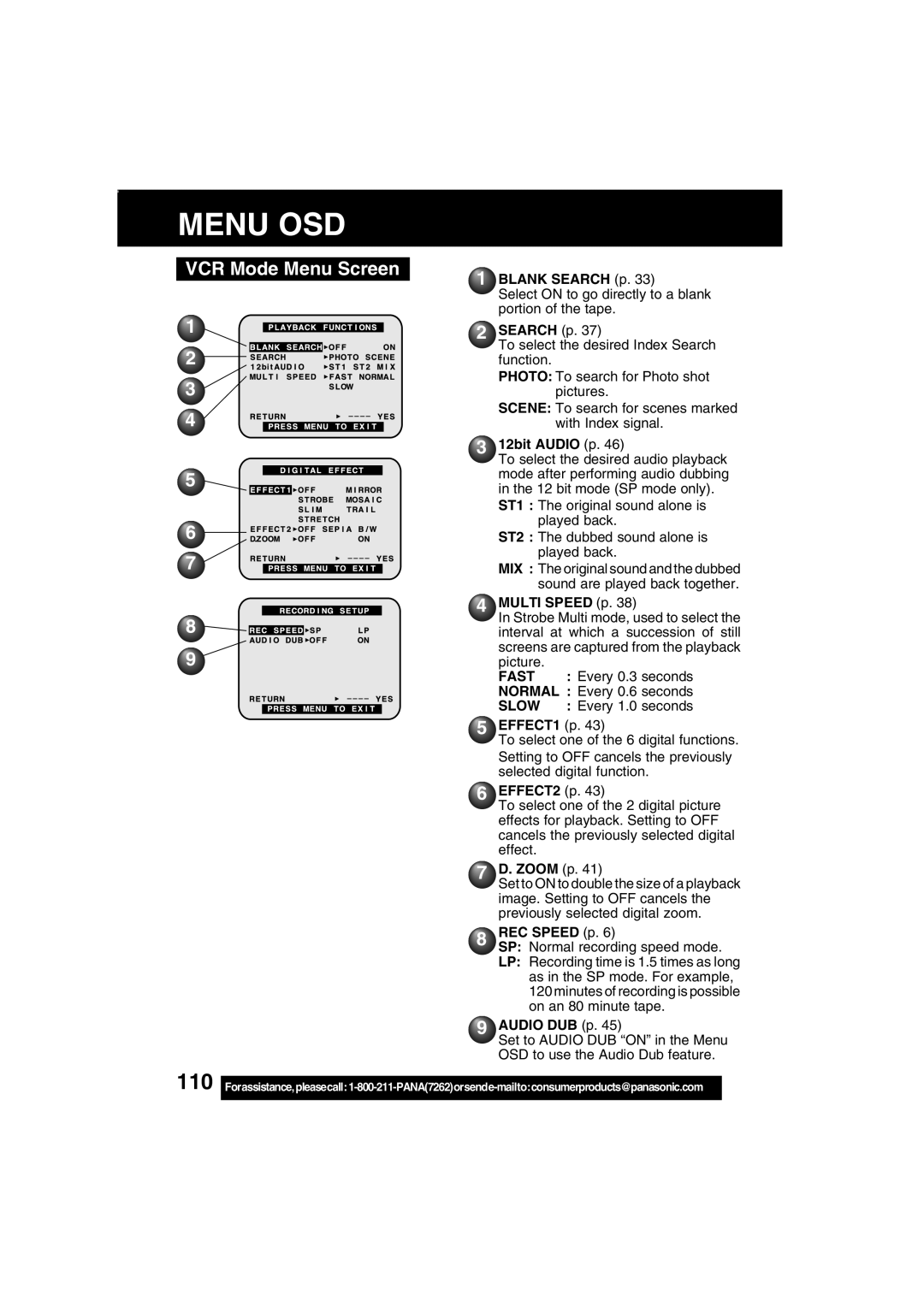 Panasonic PV-DV203 operating instructions VCR Mode Menu Screen 