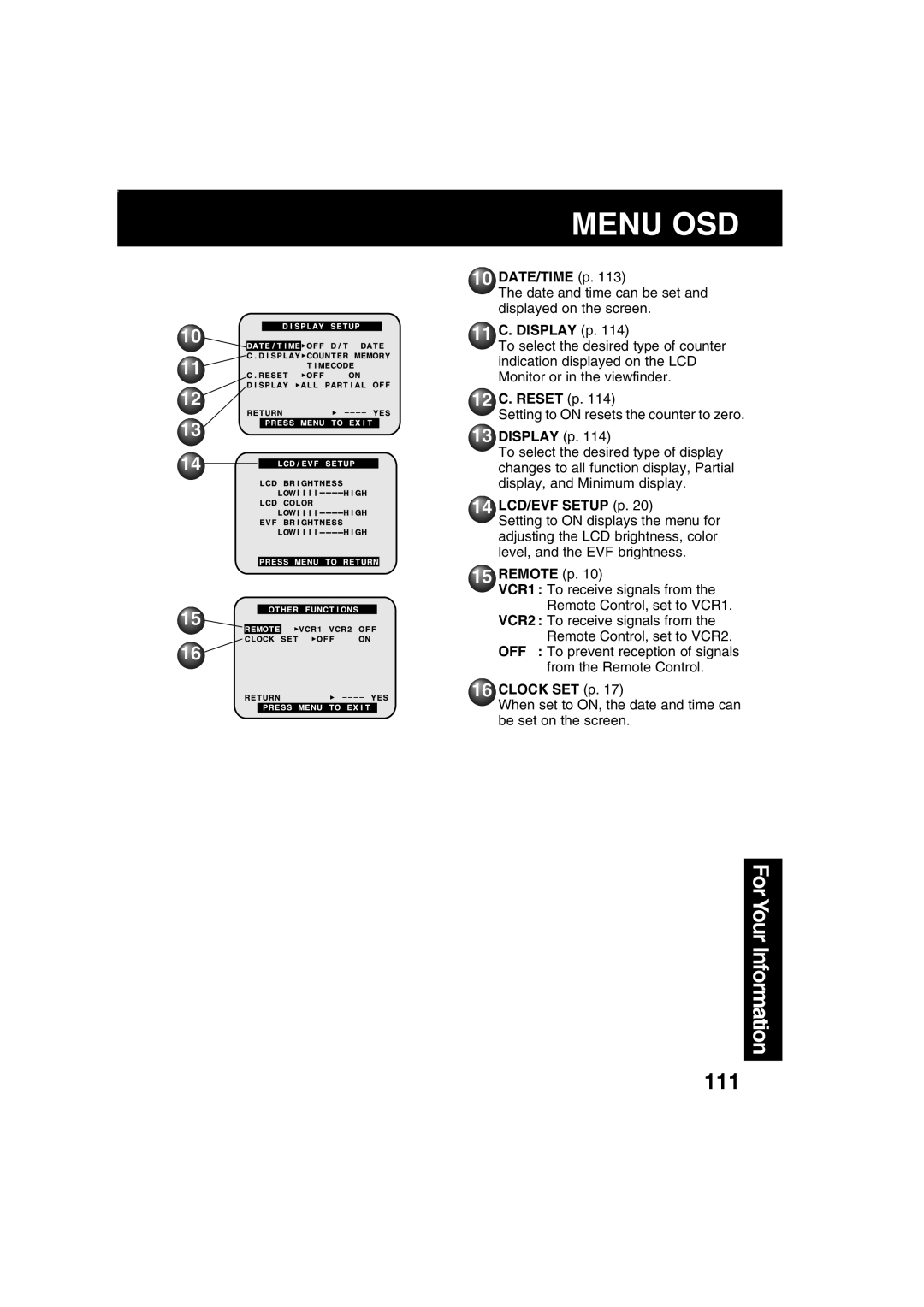 Panasonic PV-DV203 operating instructions 11 C. Display p, 12 C. Reset p, 14 LCD/EVF Setup p 