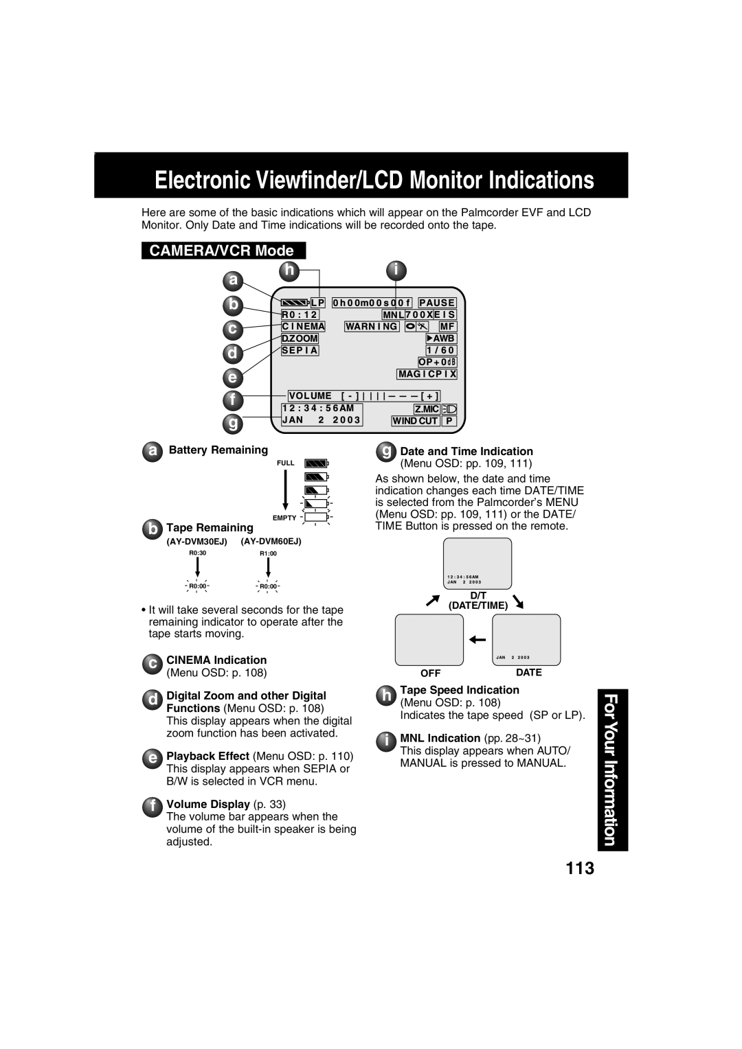 Panasonic PV-DV203 operating instructions CAMERA/VCR Mode 