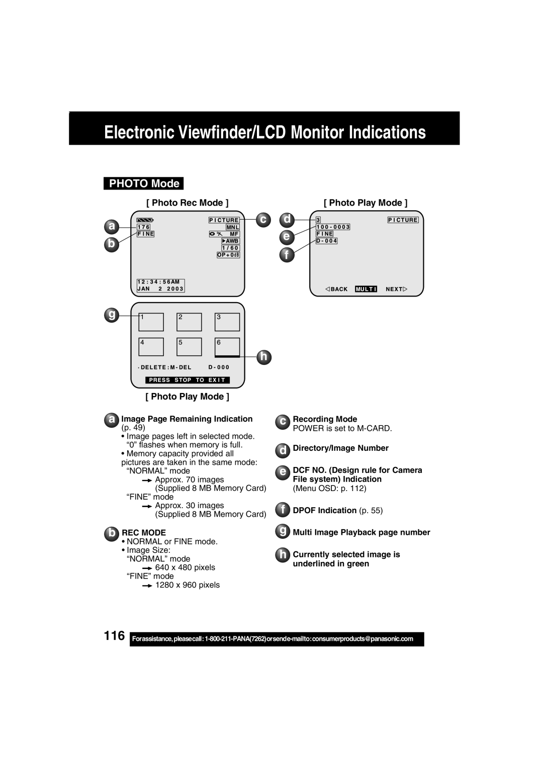 Panasonic PV-DV203 Photo Mode, Photo Play Mode, Image Page Remaining Indication, REC Mode, Recording Mode 