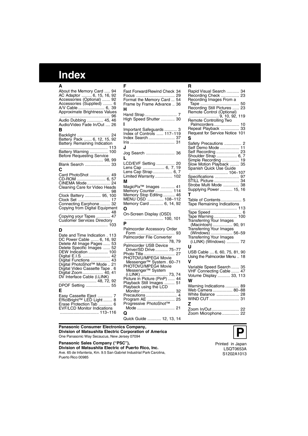 Panasonic PV-DV203 operating instructions Index, 113~116 