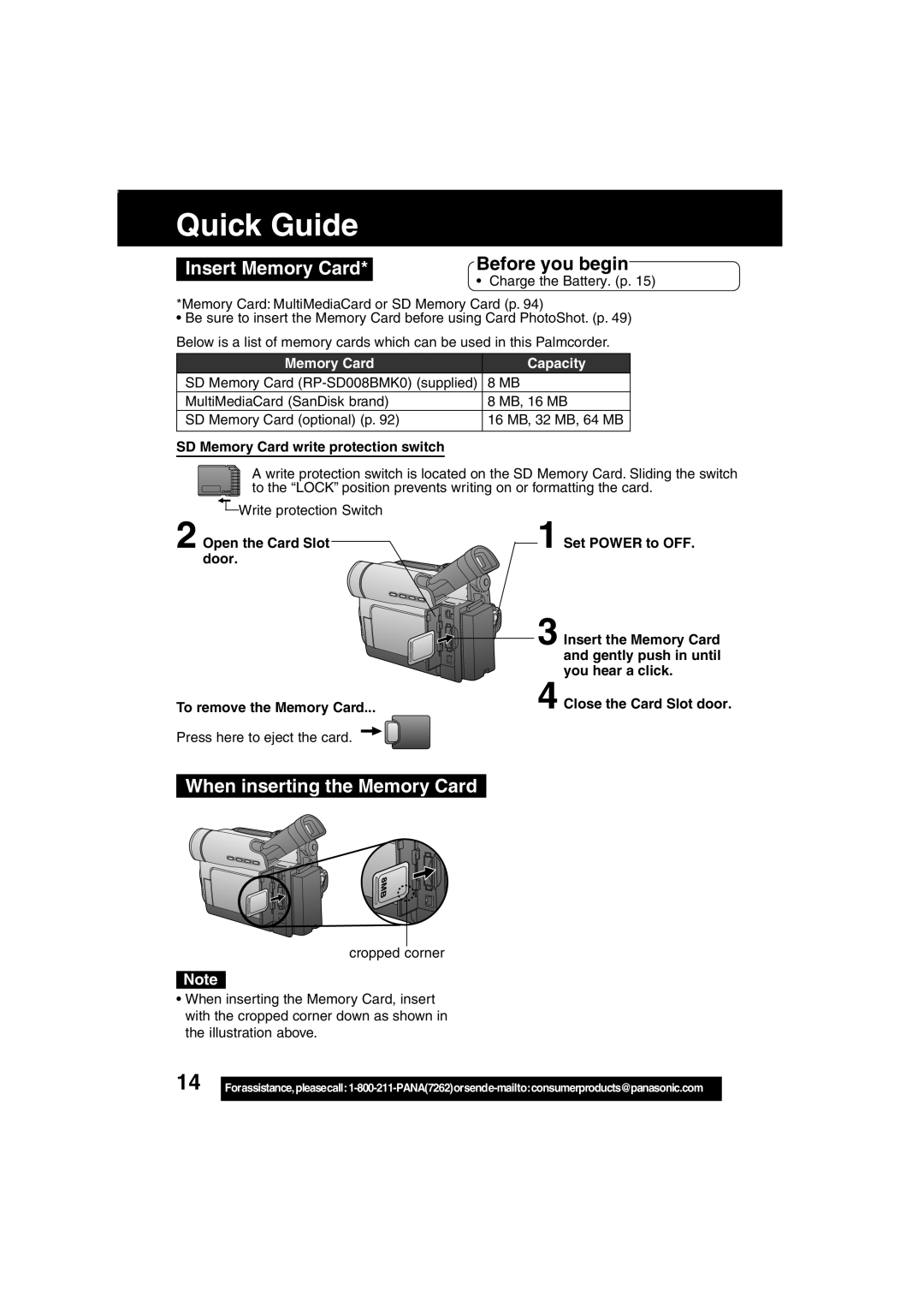 Panasonic PV-DV203 Insert Memory Card, When inserting the Memory Card, SD Memory Card write protection switch 