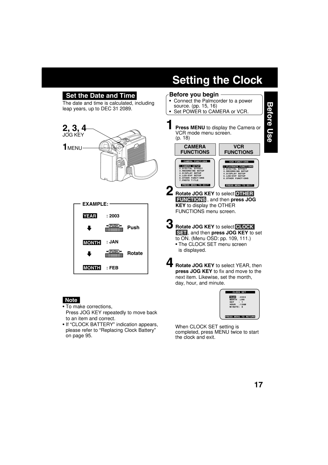 Panasonic PV-DV203 Setting the Clock, Set the Date and Time, Camera VCR Functions, Example, Push Rotate 