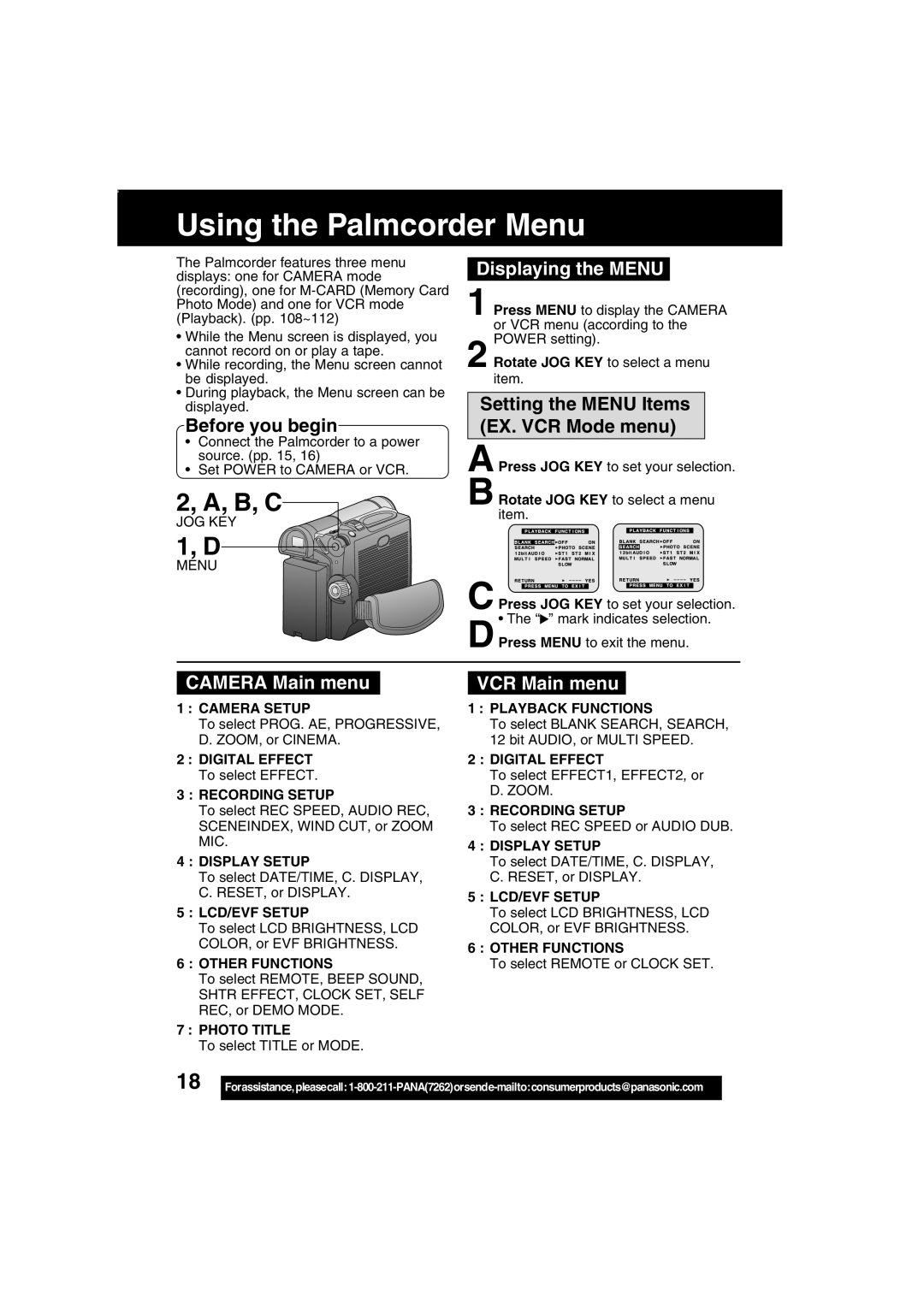 Panasonic PV-DV203 Using the Palmcorder Menu, Displaying the Menu, Setting the Menu Items EX. VCR Mode menu, VCR Main menu 